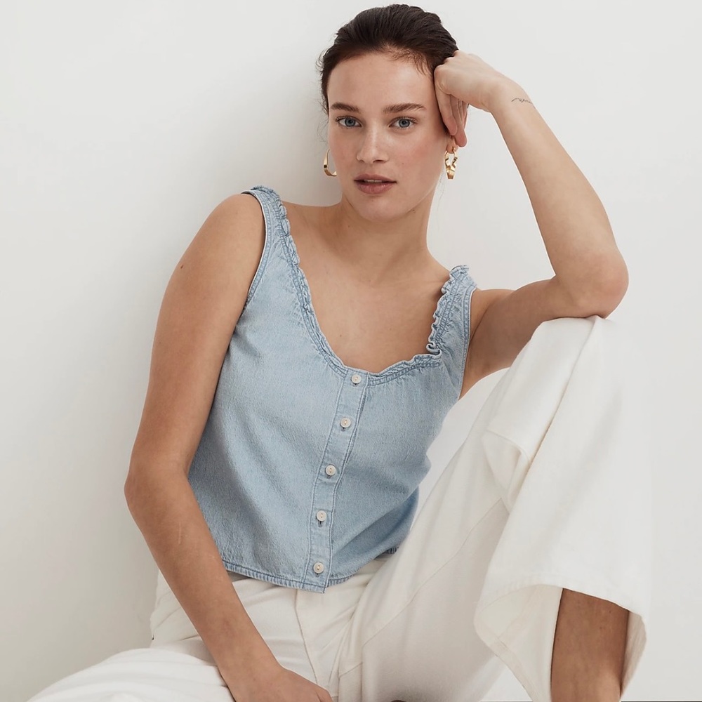 MADEWELL DENIM RUFFLED U-NECK CROP TOP IN CLOEBURY WASH SIZE LARGE NWT